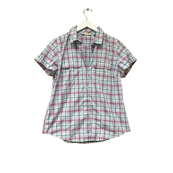 ORVIS Size Medium Women’s Checkered Button Down Tee Shirt Pink Blue Short Sleeve - Picture 1 of 13